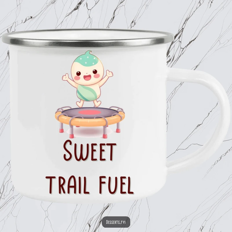 Funny camping mug featuring a candy character bouncing high on a taffy trampoline, perfect for outdoor enthusiasts seeking humor.