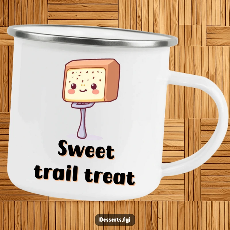 Funny candy bar camping mug with a delighted candy bar balancing a tiny fork, perfect for enjoying drinks during outdoor adventures.