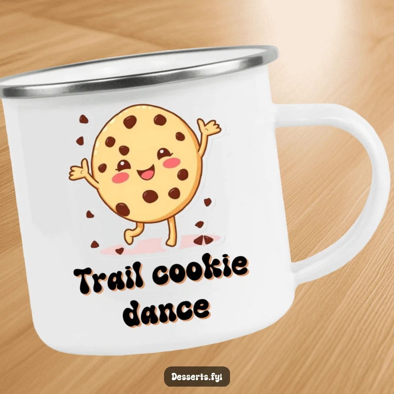 Funny cookie camping mug, a character joyfully dancing with chocolate chips, perfect for enjoying drinks outdoors.