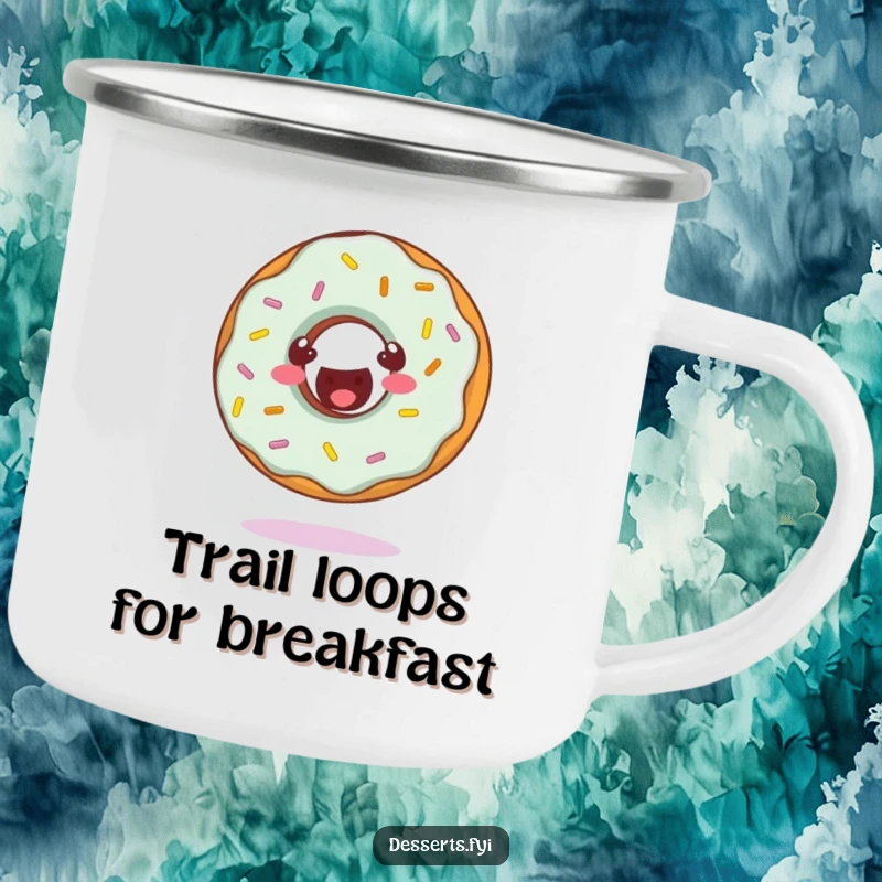 Funny camping mug with a cheerful donut character doing a somersault, rugged and full of playful energy.