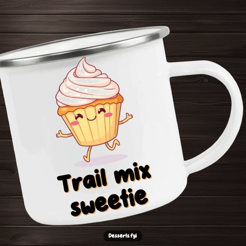 Funny cupcake camping mug, a smiling dessert with tiny legs happily skipping with frosting on its head, perfect for outdoor adventures with a humorous sweet touch.