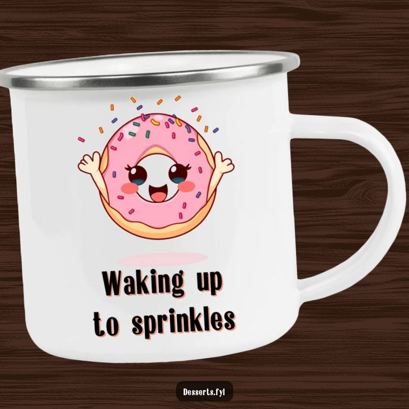 Funny donut camping mug, a character gleefully tossing sprinkles, perfect for enjoying beverages during outdoor adventures.