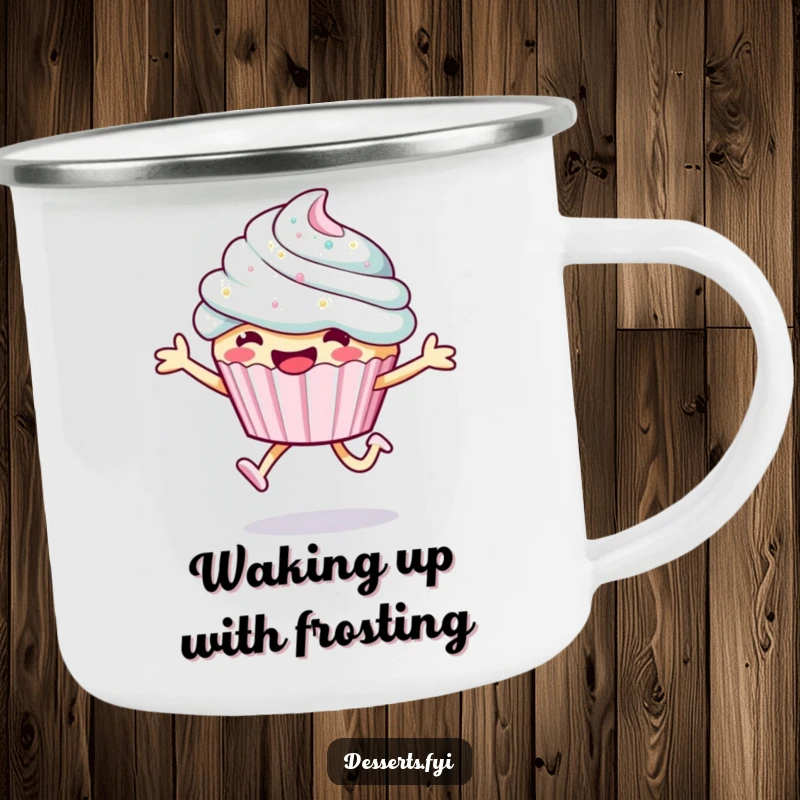 Funny cupcake camping mug, a character joyfully leaping with sparkly frosting, perfect for enjoying drinks in the great outdoors.