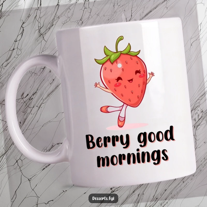 Funny mug showing a bouncing strawberry wearing tiny ballet slippers, mid-twirl with joy. Hilarious fruit art.