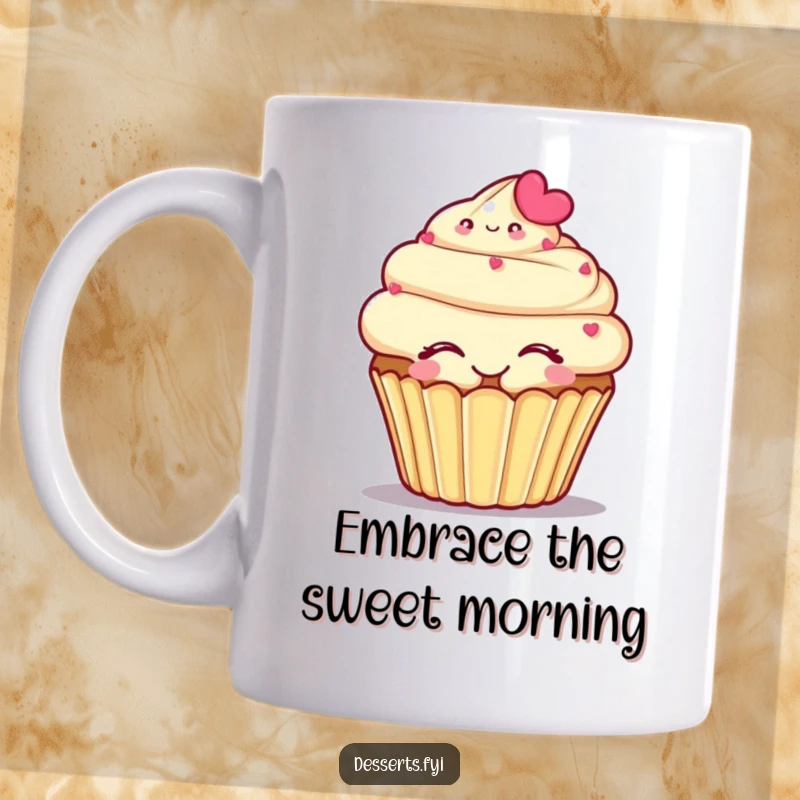 Funny mug featuring a smiling cupcake character with eyes closed, joyfully embracing itself in a sweet hug.