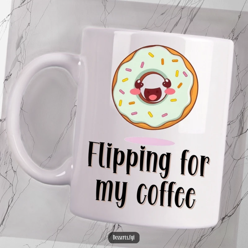 Funny mug showing a cheerful donut character with sprinkles doing a happy somersault, full of energy.