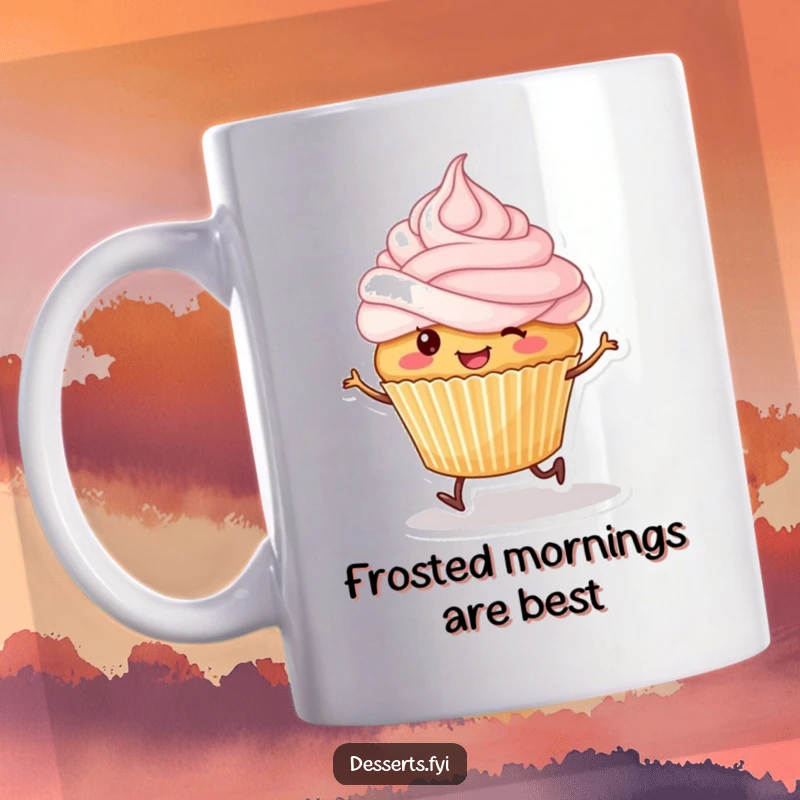 Funny mug showing a smiling cupcake with tiny legs happily skipping, frosting slightly askew on its head.