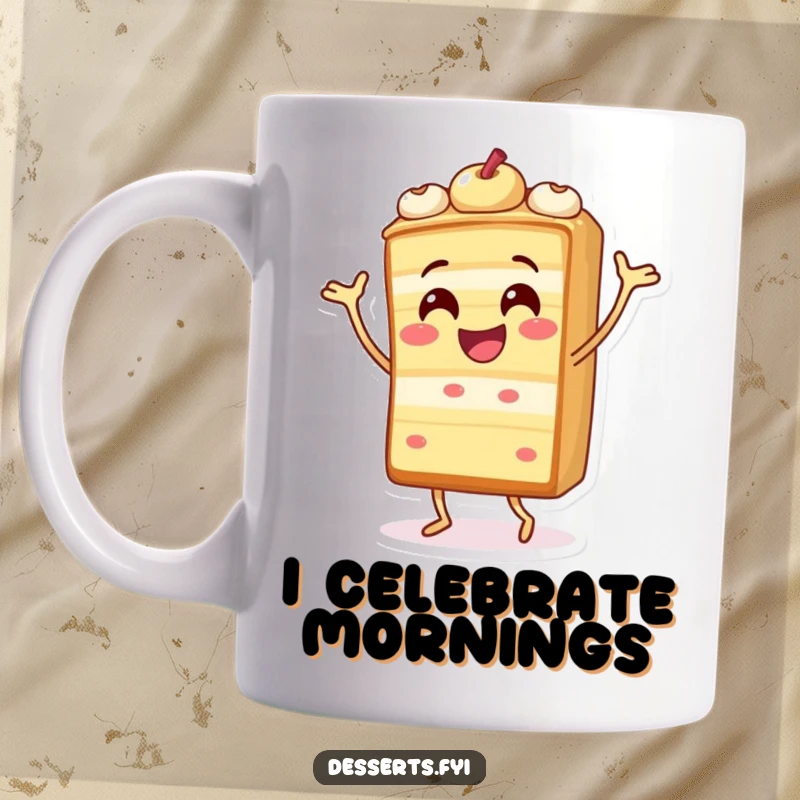 Funny mug featuring a cheerful slice of cake character joyfully performing a silly dance, radiating happiness and sweetness.