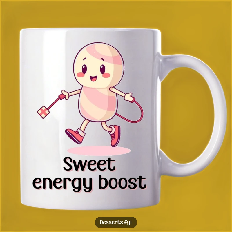Funny Candy Mug: Energetic Character's Skipping Fun for Active Coffee Lovers