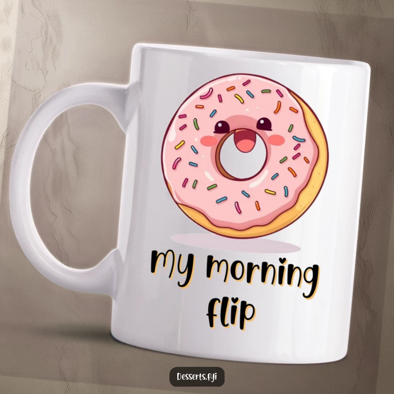 Funny Mug: A delighted donut with colorful sprinkles joyfully doing a somersault, full of sweet energy.