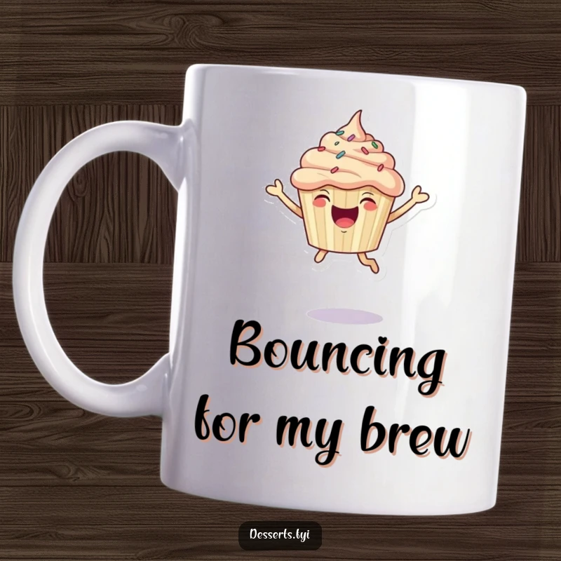 Funny Mug: A joyful cupcake with sprinkles enthusiastically leaping high into the air.