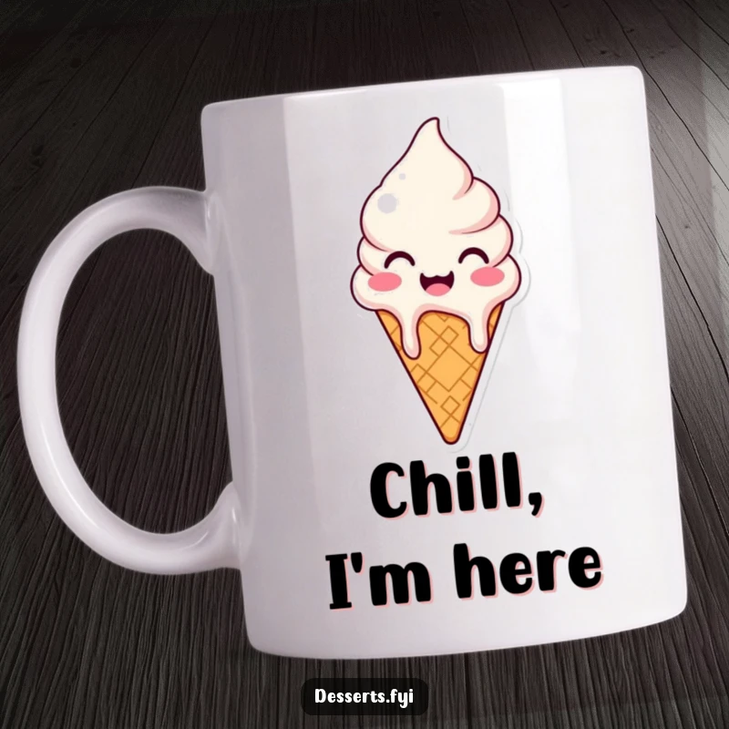 Funny mug featuring a happy ice cream cone character melting slightly, radiating pure joy and delightful, cool happiness.