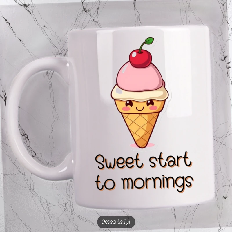Funny Ice Cream Mug: A smiling ice cream cone character expertly balances a cherry on its head, radiating pure, sweet happiness.