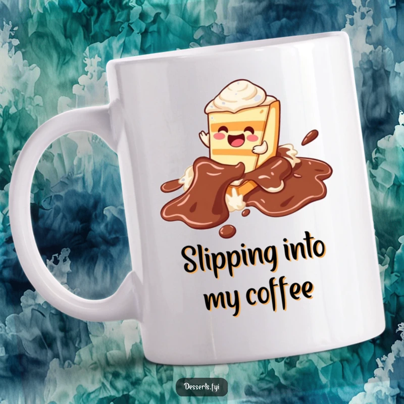 Funny joyful cake slice character mug, happily sliding down a chocolate syrup river, embodying pure dessert delight.
