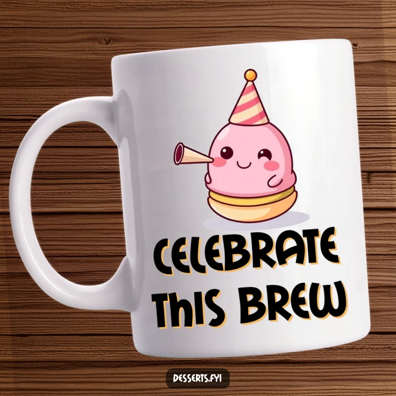 Funny Mug: A happy macaron wearing a tiny party hat and blowing a horn, ready to celebrate.