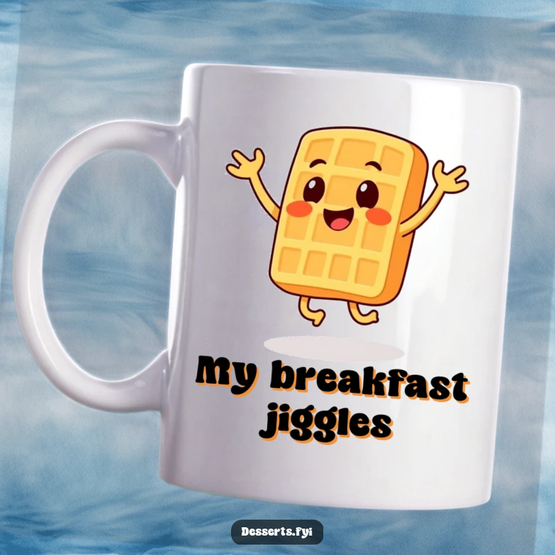Funny mug featuring a smiling waffle character enthusiastically performing silly jumping jacks, radiating morning energy.