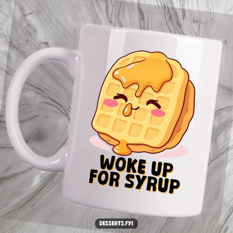 Funny waffle mug featuring a whimsical waffle with syrup drops giving a cheeky wink, perfect for breakfast lovers and humor enthusiasts.