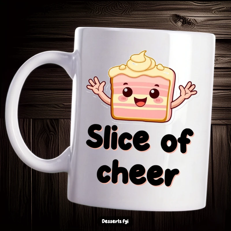 Funny mug showing a playful slice of cake with frosting arms waving enthusiastically.