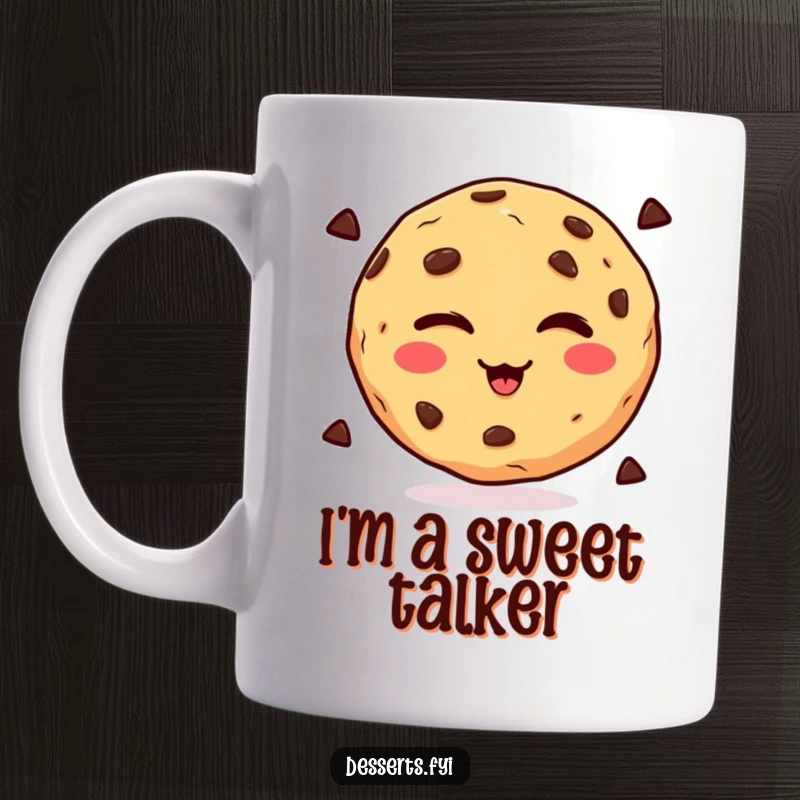 Funny winking cookie with chocolate chips, playfully winking on a ceramic mug, perfect for a humorous gift.