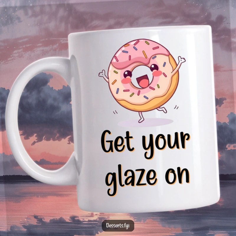 Funny donut mug, a cheerful dessert with sprinkles doing a joyful cartwheel with glee, embodying pure happiness and energetic fun.