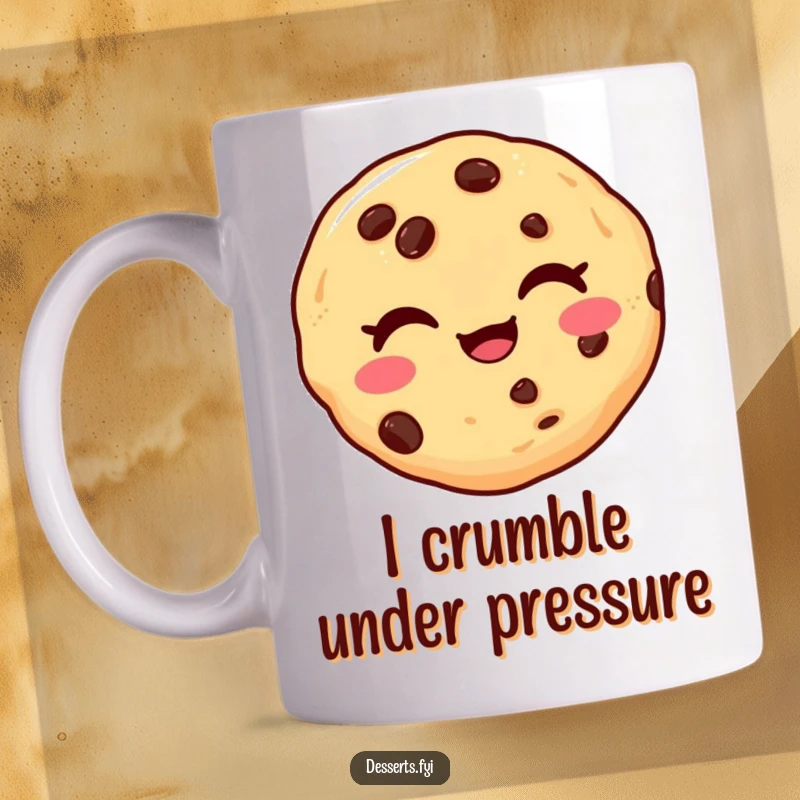 Funny cookie mug featuring a delighted chocolate chip cookie winking playfully, perfect for adding humor and joy to any kitchen.