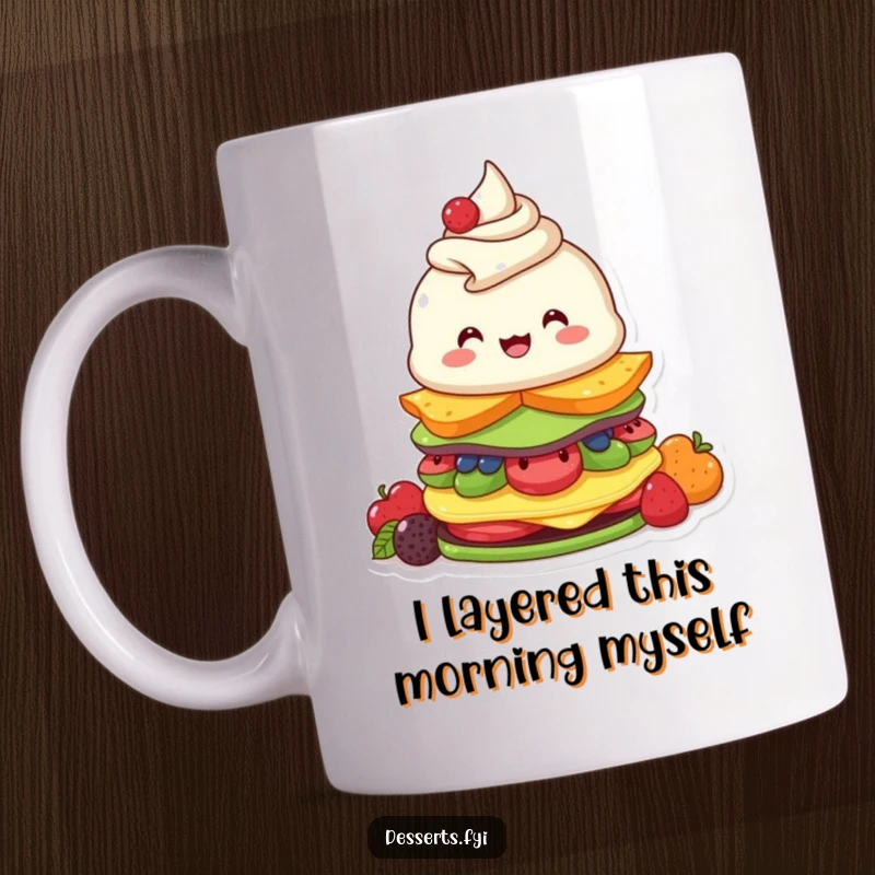 Funny mug featuring a beaming parfait character joyfully stacking colorful fruity layers with infectious enthusiasm, perfect for dessert fans.