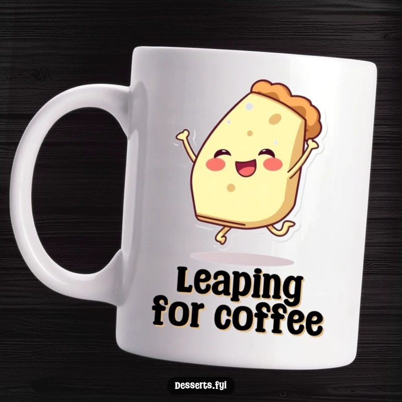 Funny mug showing a cheerful slice of pie character mid-leap, full of playful energy and sweet enthusiasm.