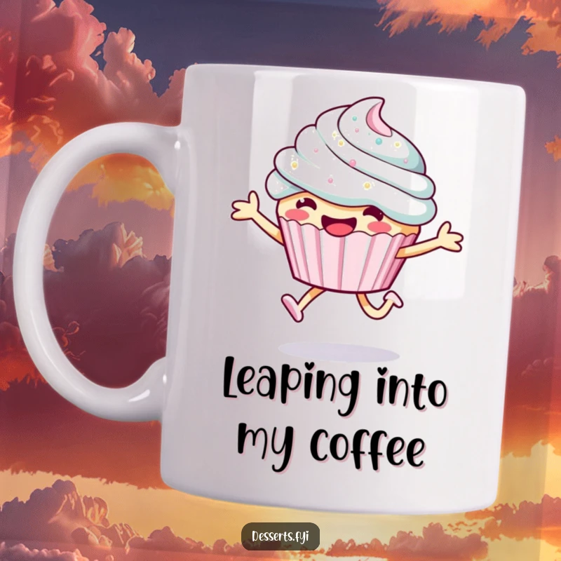 Funny smiling cupcake character mug, captured mid-leap with sparkly frosting, embodying pure joy and sweetness.