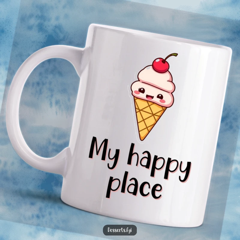 Funny mug showing a giggling ice cream cone with a cherry on top bouncing with pure delight.