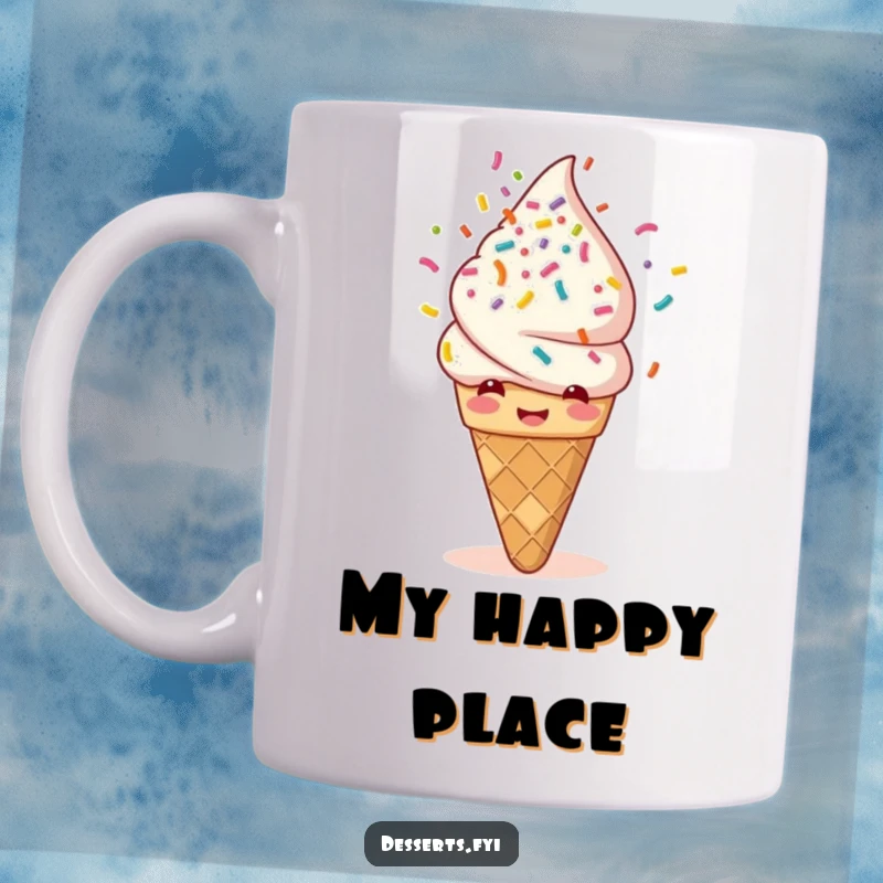 Funny mug featuring a giggling ice cream cone joyfully showering itself with colorful rainbow sprinkles. Perfect for dessert lovers and humor enthusiasts.