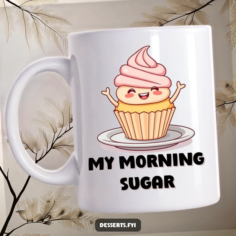 Funny Mug: A smiling cupcake happily doing a joyful jig on a plate, bringing sweet cheer.