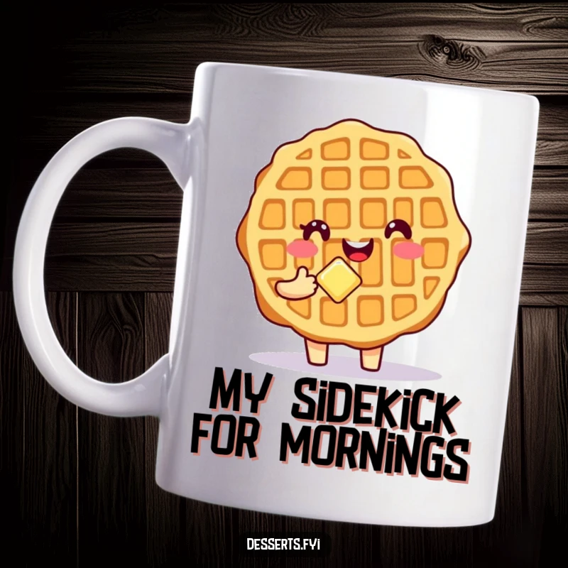 Funny Waffle Mug with a cheerful waffle character lovingly holding a small pat of butter, perfect for breakfast humor.