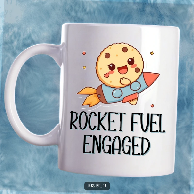 Funny Mug: A cheerful cookie character joyfully zooms forward on a tiny, speedy rocket, embodying fun adventure.