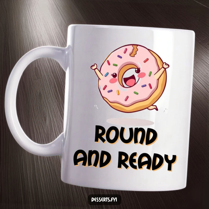 Funny mug showing a cheerful donut with sprinkles joyfully doing a cartwheel with visible glee.