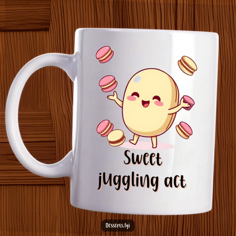 Funny Macaroon Mug: A playful macaroon character happily juggles several smaller, colorful macarons, showcasing sweet, effortless skill.