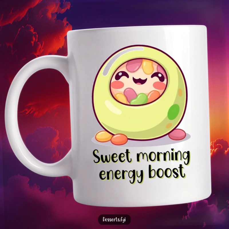 Funny jelly bean mug featuring a happy, rolling jelly bean character, conveying pure joy and a playful, sweet sense of humor.