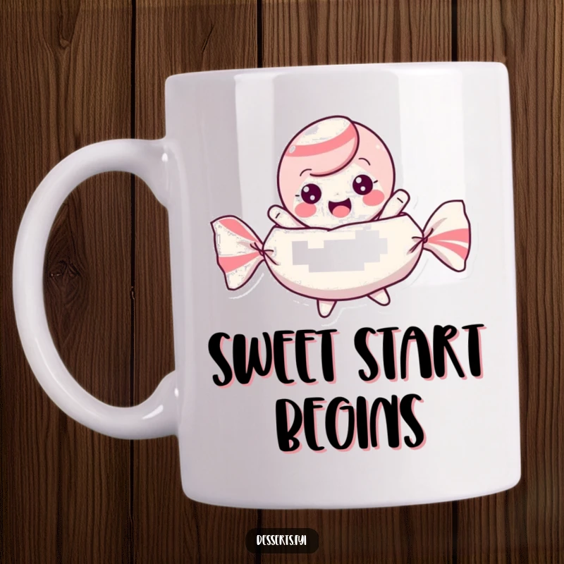 Funny mug showing a playful candy character bouncing excitedly inside its wrapper, radiating pure sugary joy.