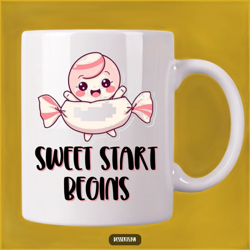 Funny Candy Lover Mug: Playful Character Bouncing in Wrapper, Perfect Funny Gift