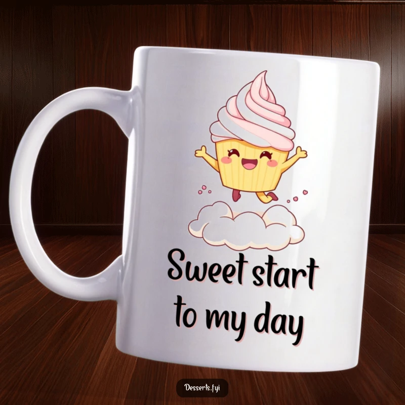 Funny Mug: A cheerful cupcake character joyfully leaps into a fluffy cloud of delicious whipped cream.