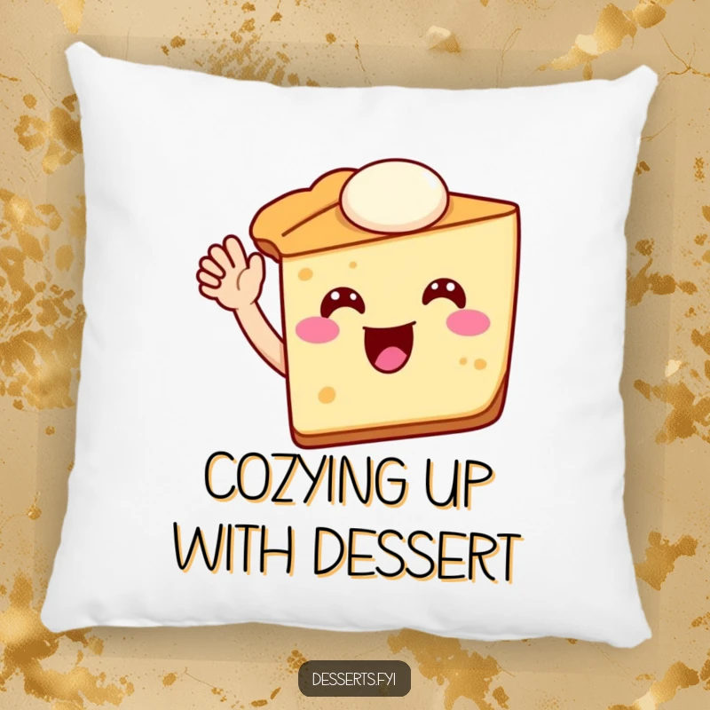 Funny pie slice pillow with a jovial pie character waving, perfect for adding a soft, humorous accent to sofas and beds.