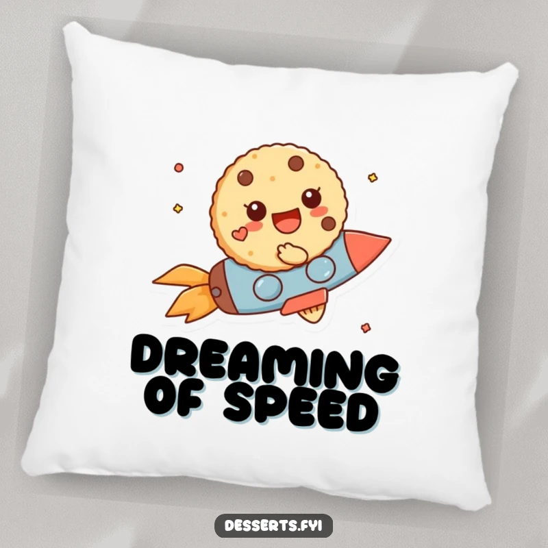Funny Pillow: A cheerful cookie character zooms on a tiny rocket, offering cozy comfort and whimsical charm.