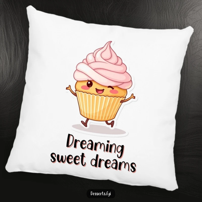 Funny pillow featuring a smiling cupcake character with tiny legs happily skipping, its frosting a sweet touch.