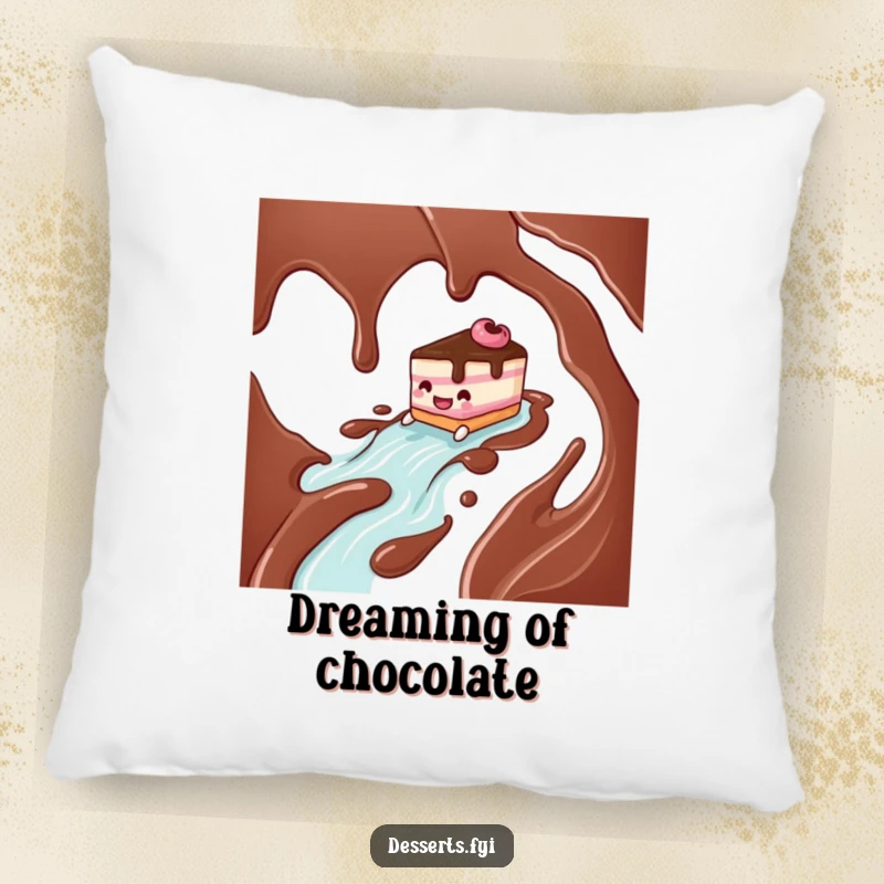 Funny cake character sliding down a chocolate syrup river, depicted on a soft pillow, offering comfort and a chuckle.