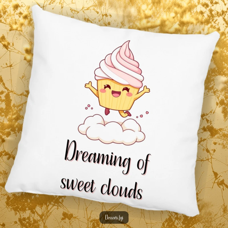 Funny Pillow: A cheerful cupcake character joyfully leaps into a cloud of creamy whipped topping.