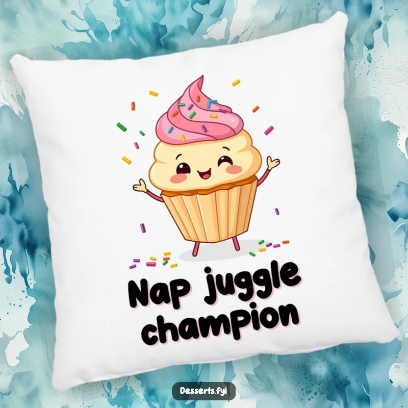 Funny Pillow: A happy cupcake character juggles sprinkles, offering cozy comfort and sweet, playful appeal.