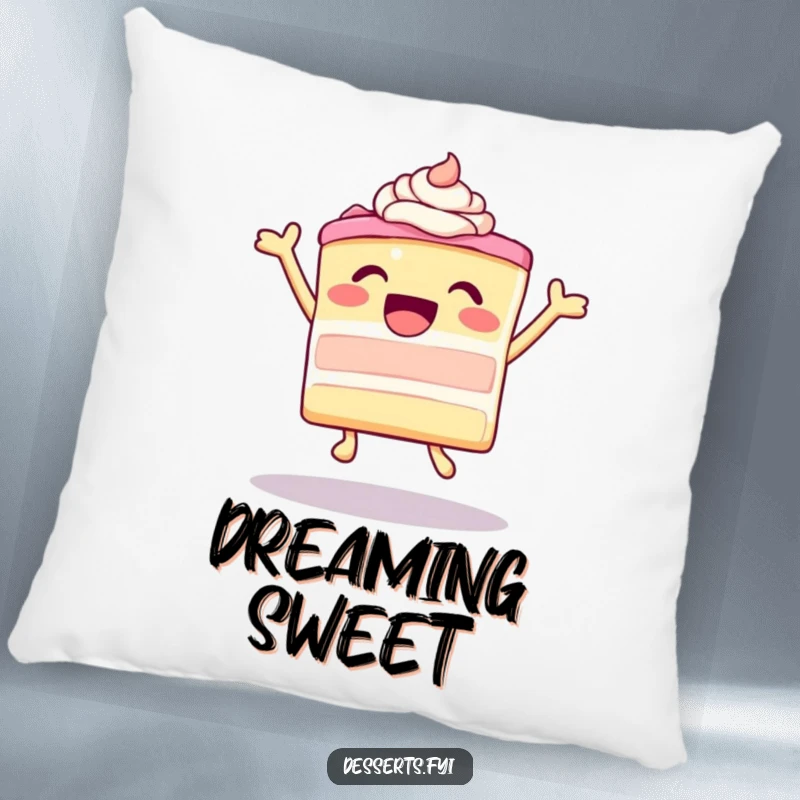 Funny leaping cake with ecstatic frosting on a plush decorative pillow, offering sweet comfort and humor, ideal funny gift.