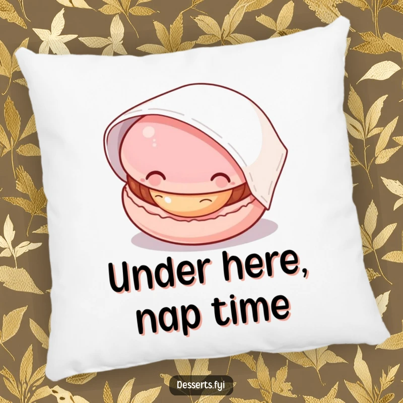 Funny macaron pillow with a cute macaron peeking from under a napkin, its filling peeking out, offering comfort and a touch of humor.