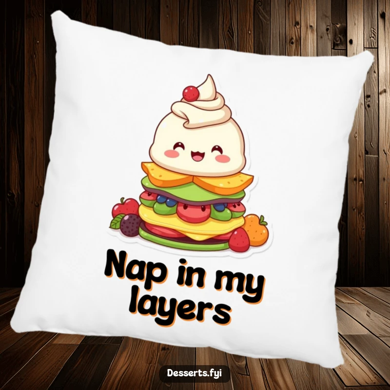 Funny pillow showcasing a beaming parfait character with a bright smile, eagerly stacking fruity layers, a cute and comfortable decor item.