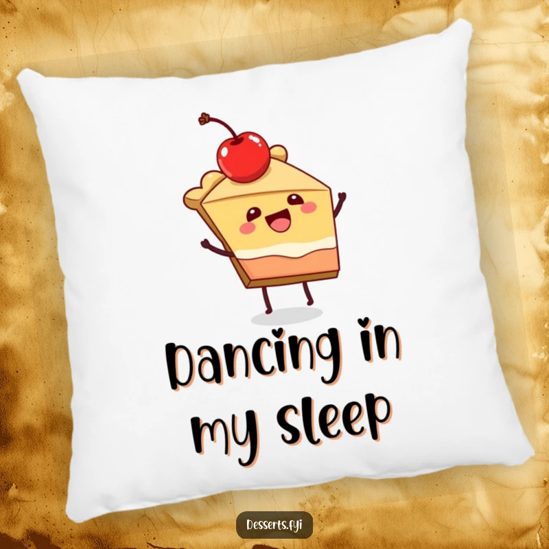 Funny pillow with a joyful slice of pie character dancing, adding soft comfort and festive humor.