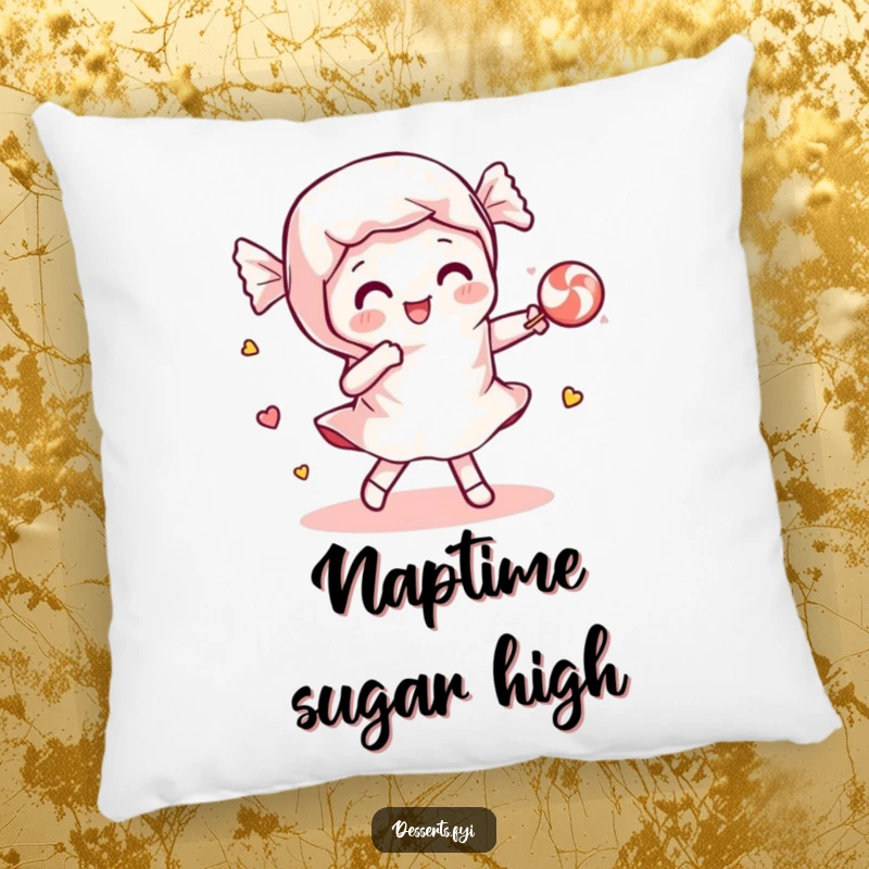 Funny pillow featuring a playful candy wrapper dancing with a piece of candy, offering cozy comfort and sweet, humorous delight.